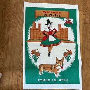 Welsh Souvenir Tea Towel with Corgi and Castle